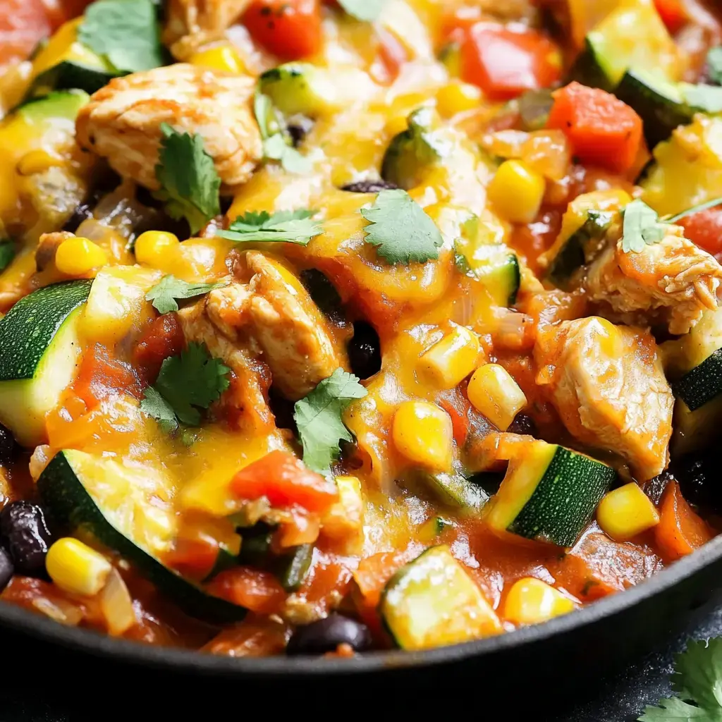 A bright and cheesy dish of chicken, zucchini, corn, beans, and tomatoes, sprinkled with fresh herbs.