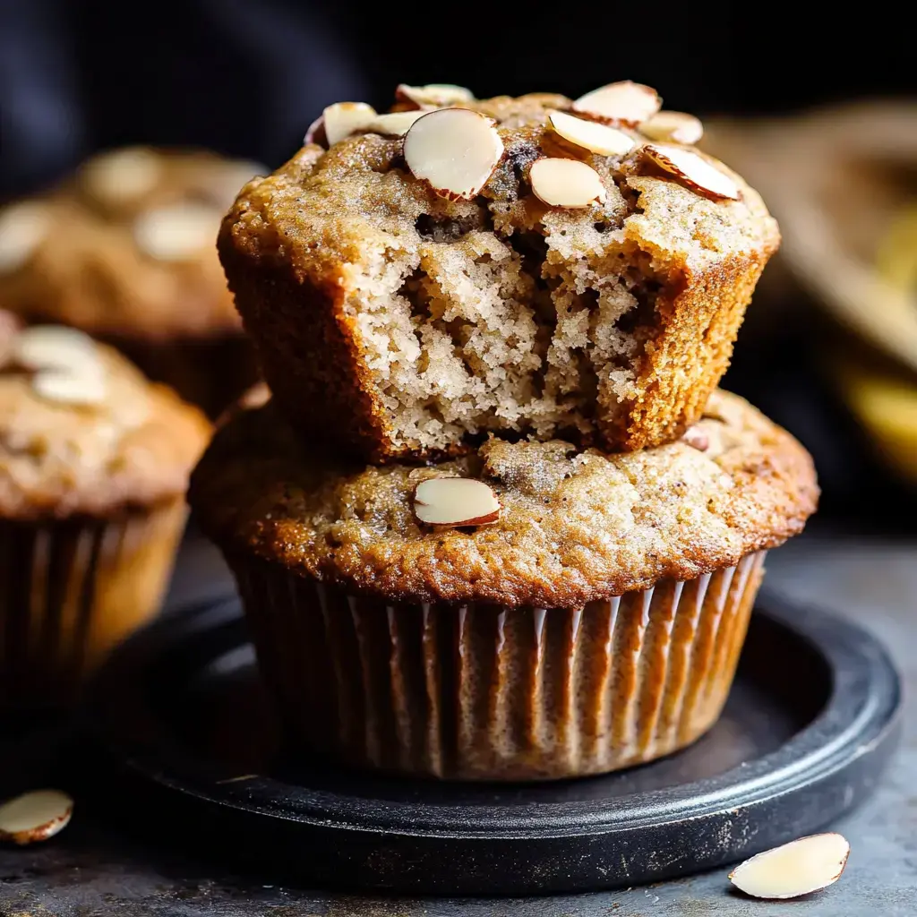 A close-up of two muffins topped with almonds, one broken open showing its fluffy inside, resting on a black plate.
