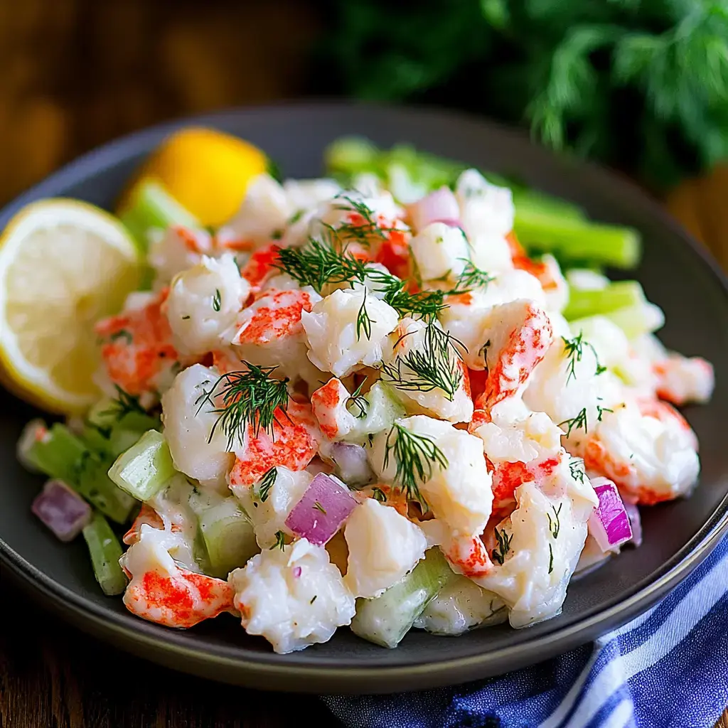 A dish of seafood mix showing white fish chunks, lobster bits, celery pieces, and red onion slivers, topped with dill sprigs and lemon slices on the side.