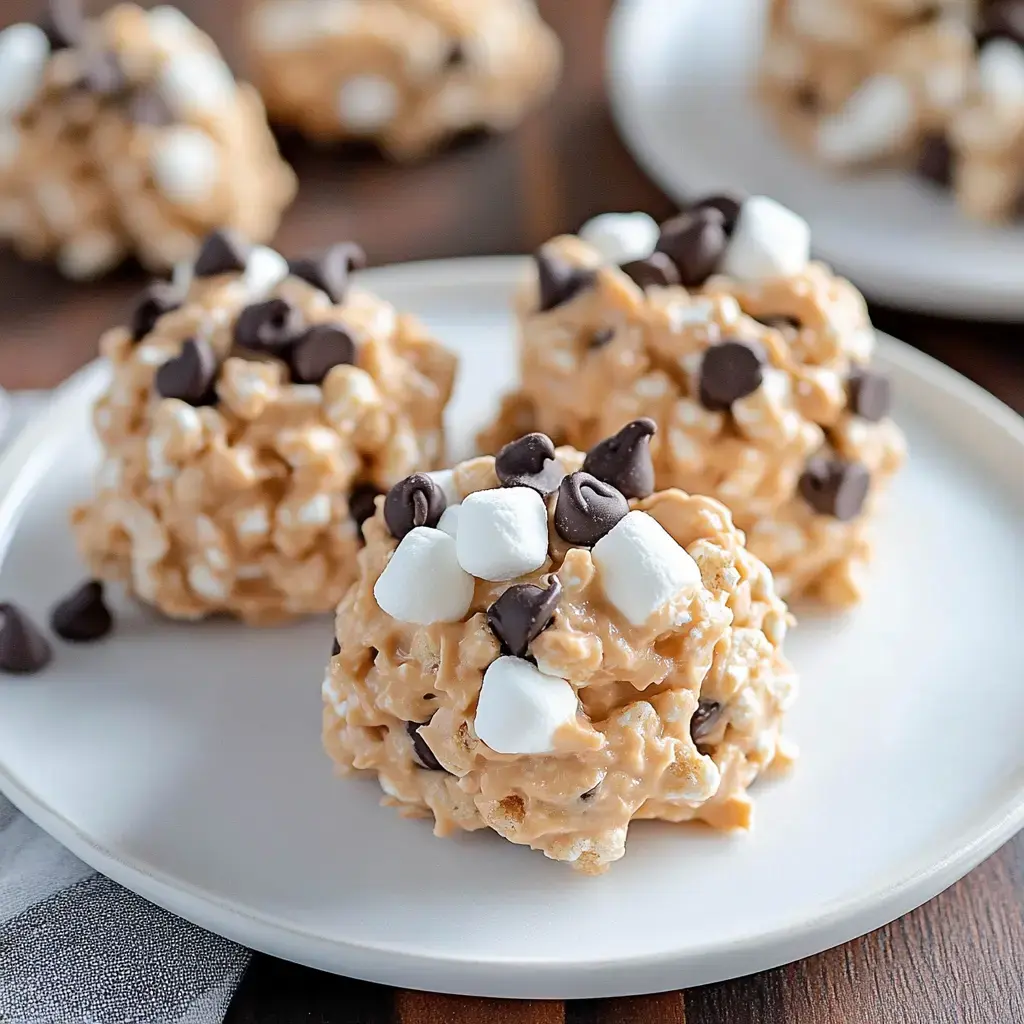 Three puffy, circular snacks featuring marshmallows and chocolate bits sit on a white dish.