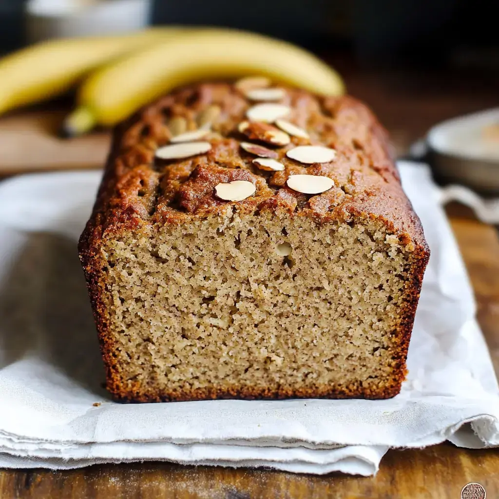 A loaf of banana bread garnished with almond slices, served on a cloth, with bananas in the background.