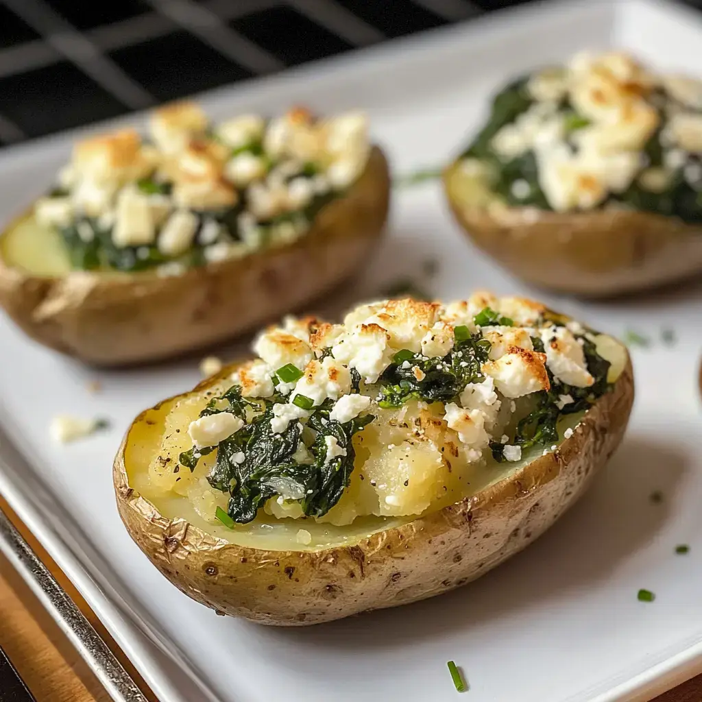 Steaming hot potatoes stuffed with green spinach mixture and sprinkled with crumbled feta, presented on a bright white dish.