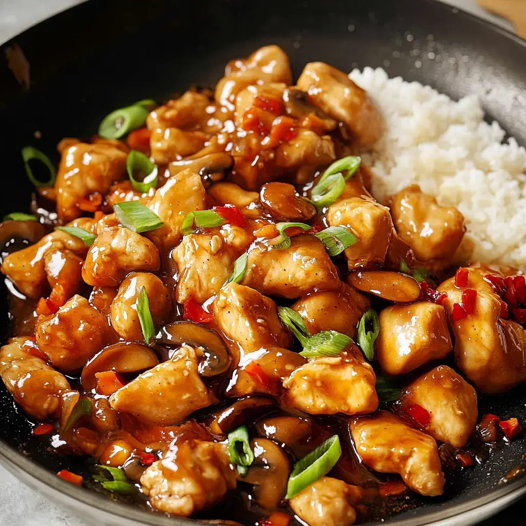 Juicy chicken chunks coated in rich sauce with fresh green onions and bright red peppers, next to a mound of steaming white rice in a cast-iron pan.