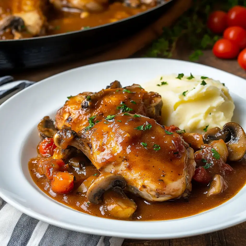 A plate of chicken thighs smothered in rich sauce next to creamy mashed potatoes and colorful mixed vegetables.