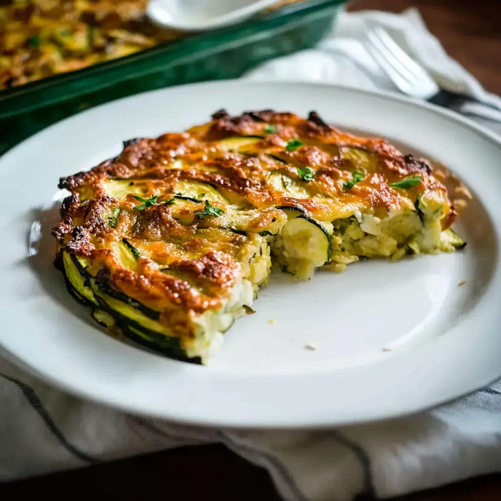 A cut piece of zucchini casserole sits on a plate, showing its golden top and soft middle.
