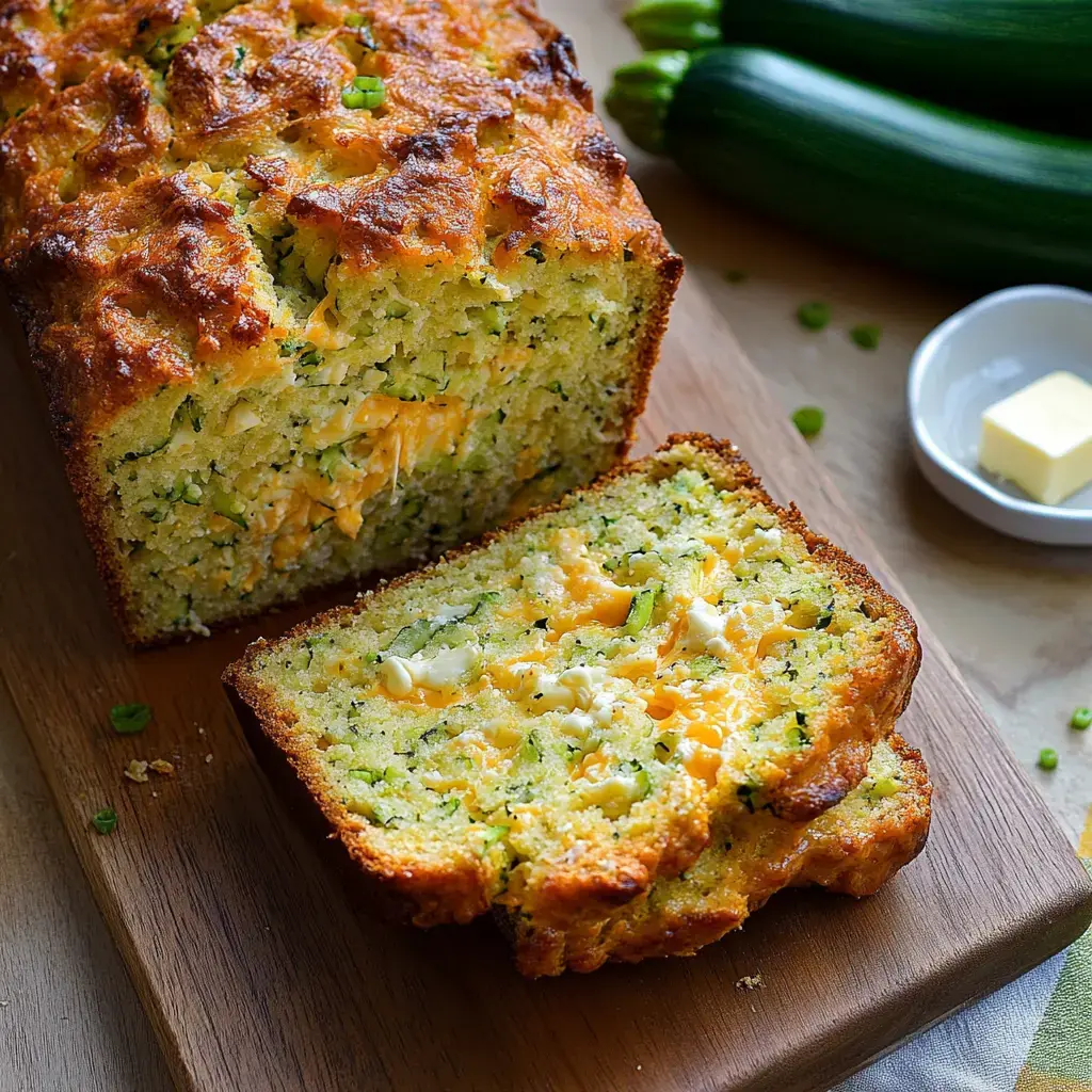 A freshly cut zucchini cheddar loaf sits on a wooden cutting board, showing its moist middle with bits of cheese, next to raw zucchini and a small container of butter.