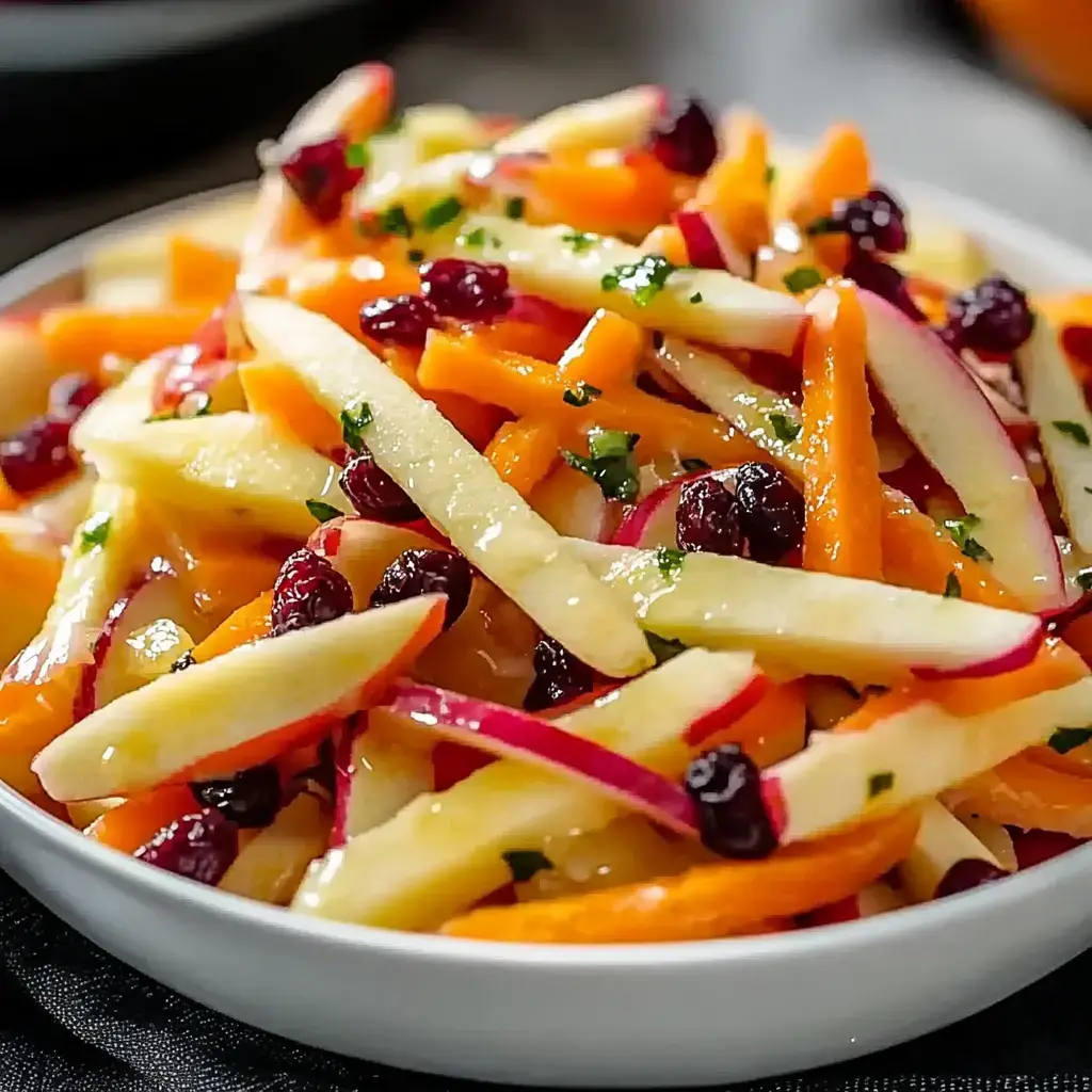 A vibrant bowl of sliced apples, shredded carrots, and bright cranberries, topped with green herbs, presented in a white dish.
