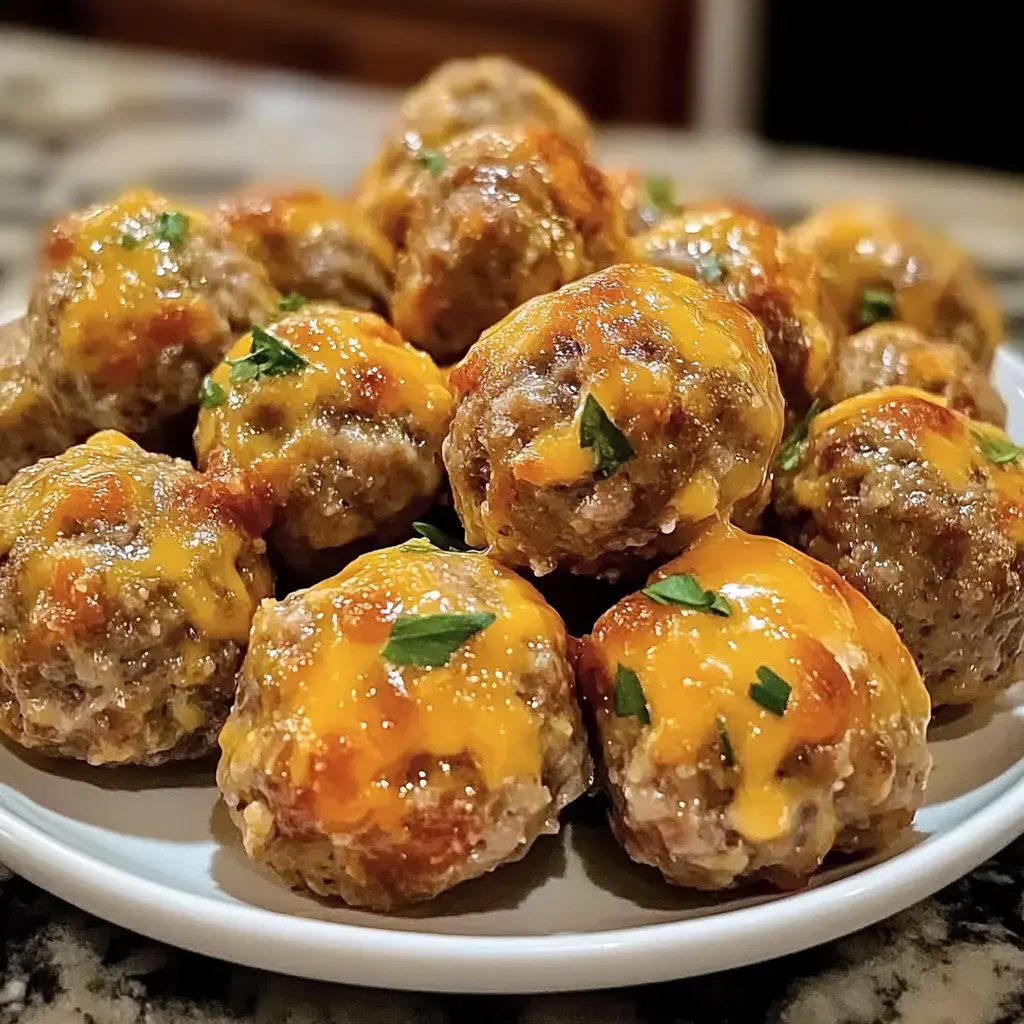 Cheesy meatballs on a plate, gooey cheese on top, fresh parsley scattered around.