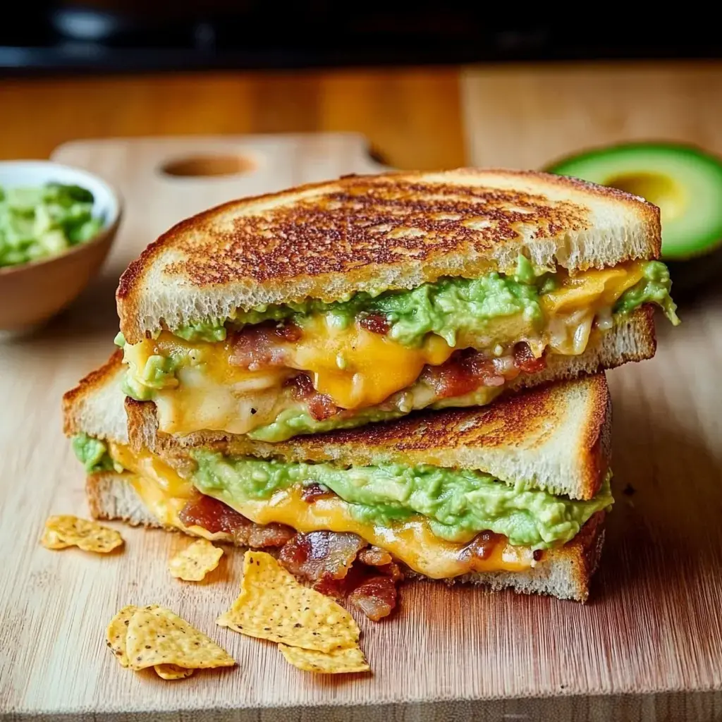 A zoomed-in view of a golden-brown sandwich bursting with melted cheese, crispy bacon, and green guacamole, presented on a wooden serving board alongside tortilla chips and a small dish of guacamole.