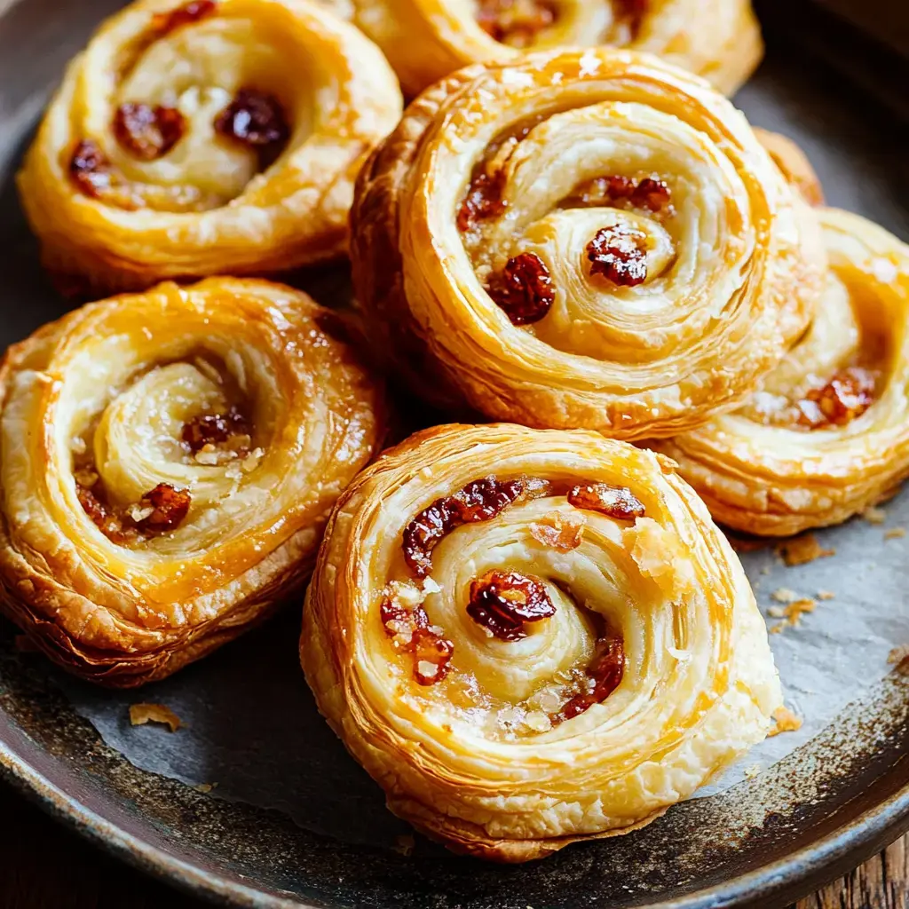 A platter of golden, puffy pastry spirals filled with dried fruit straight from the oven.