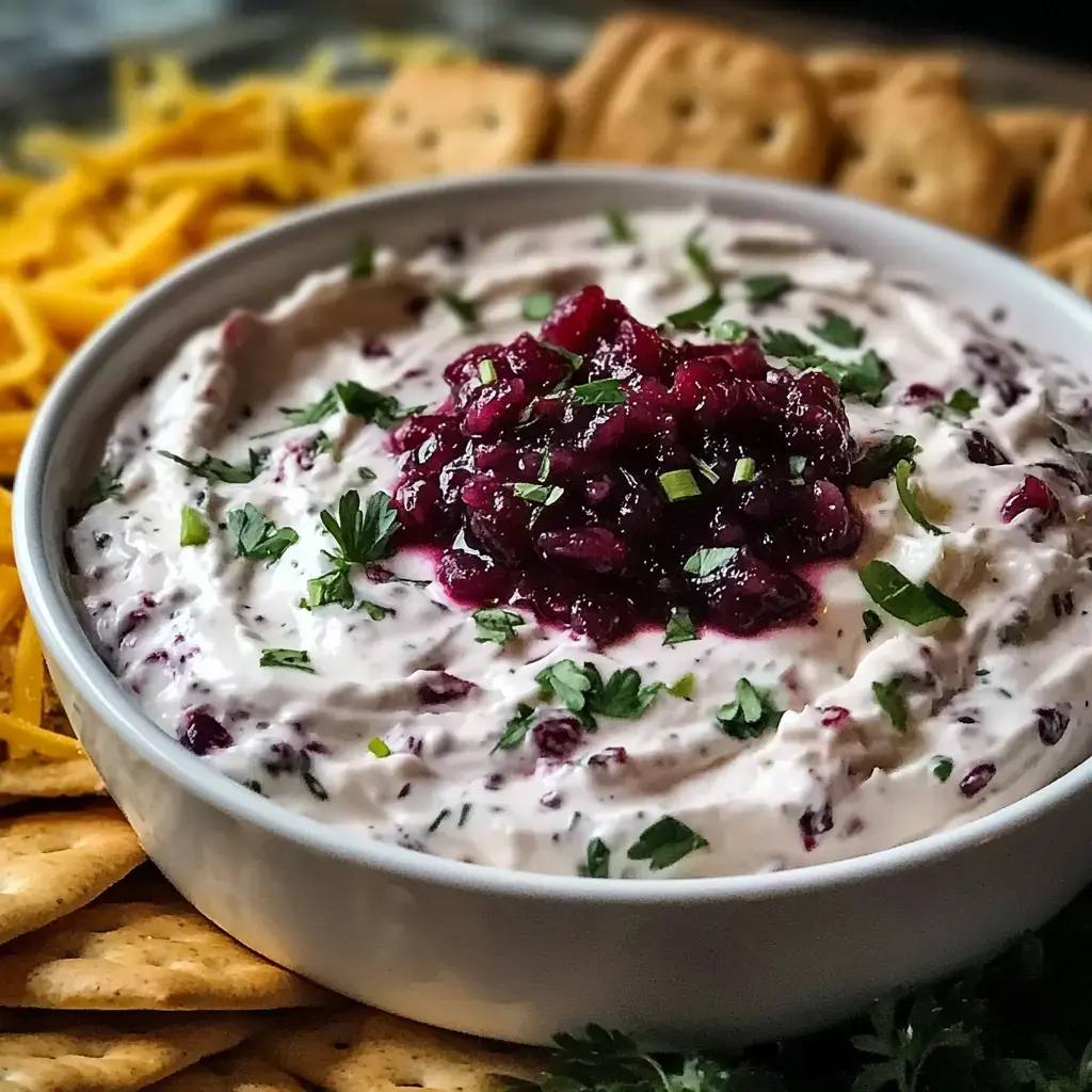 Creamy white dip with cranberry topping, herbs, some shredded cheese, and crackers all around.