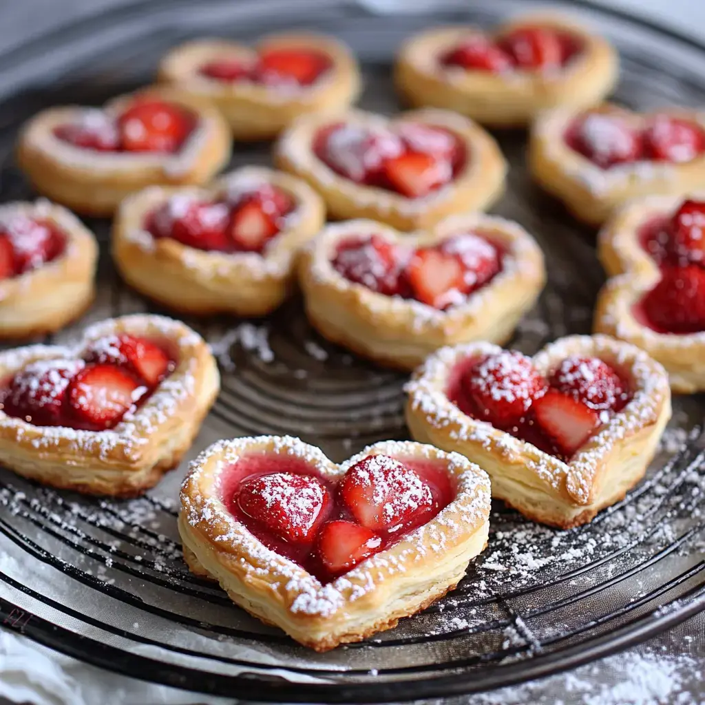 A plate showing heart pastries filled with red berries and sprinkled with white sugar.