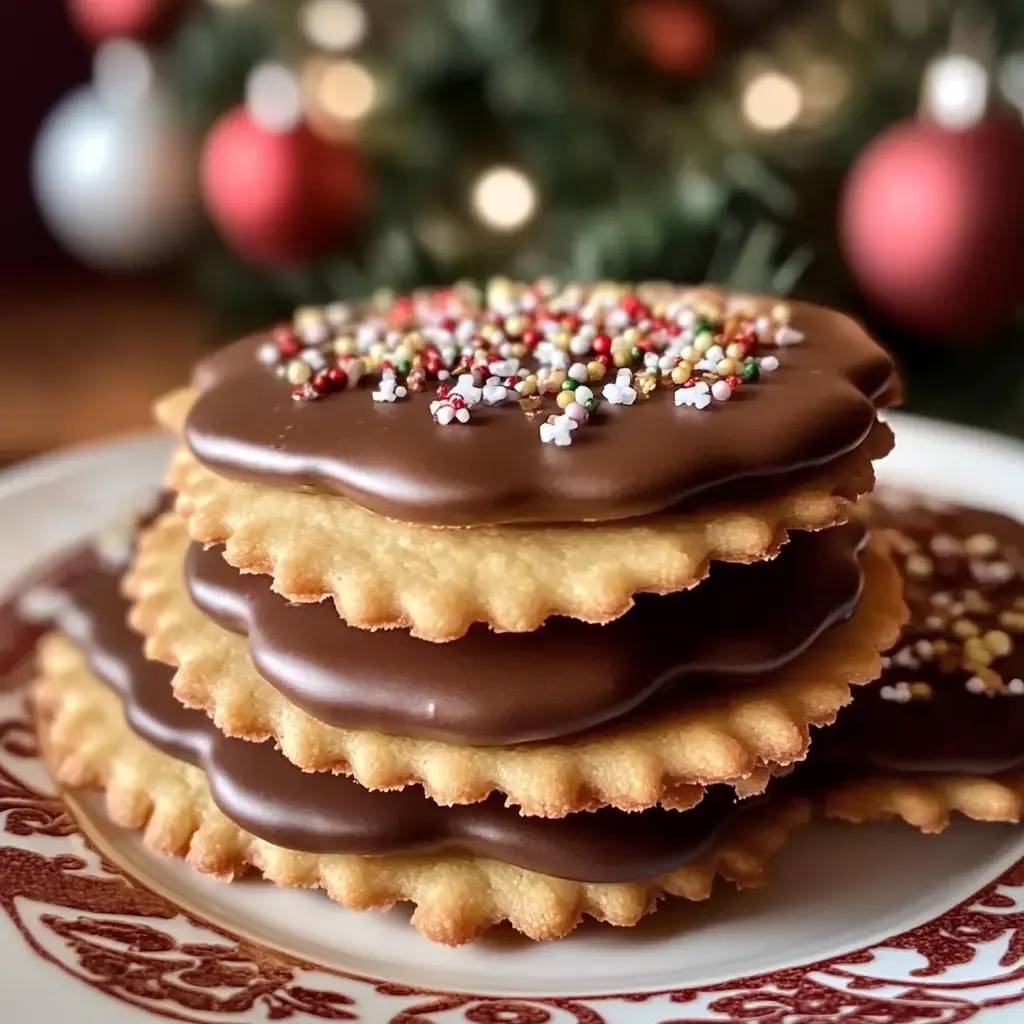 Chocolate-dunked cookies stacked high, all jazzed up with bright sprinkles and holiday vibes in the background.