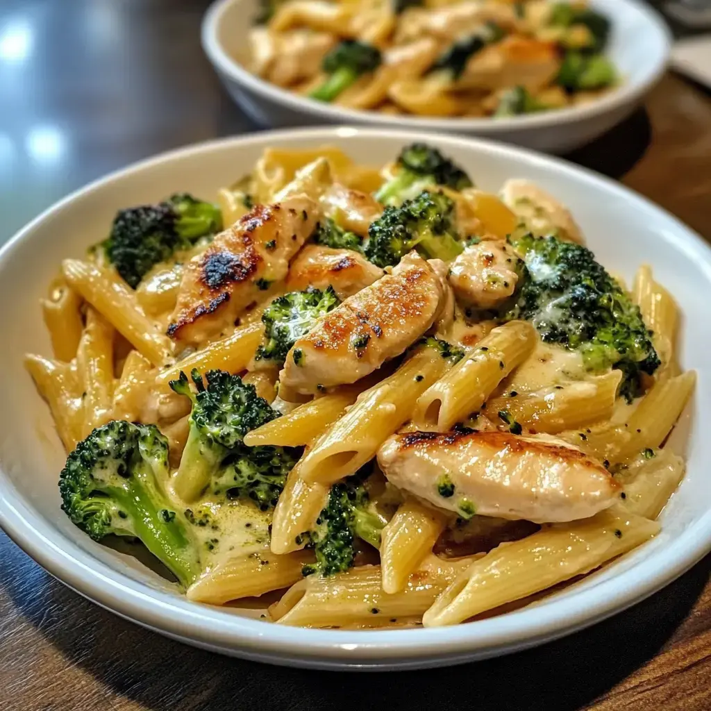 Creamy pasta with seared chicken and broccoli in a bowl.