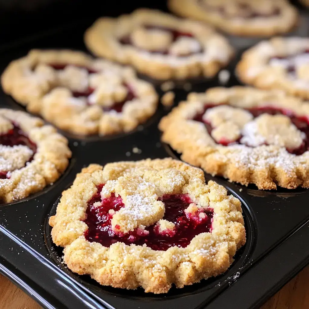 A plate of homemade jam-filled treats with crumbly tops dusted with white powdered sugar.