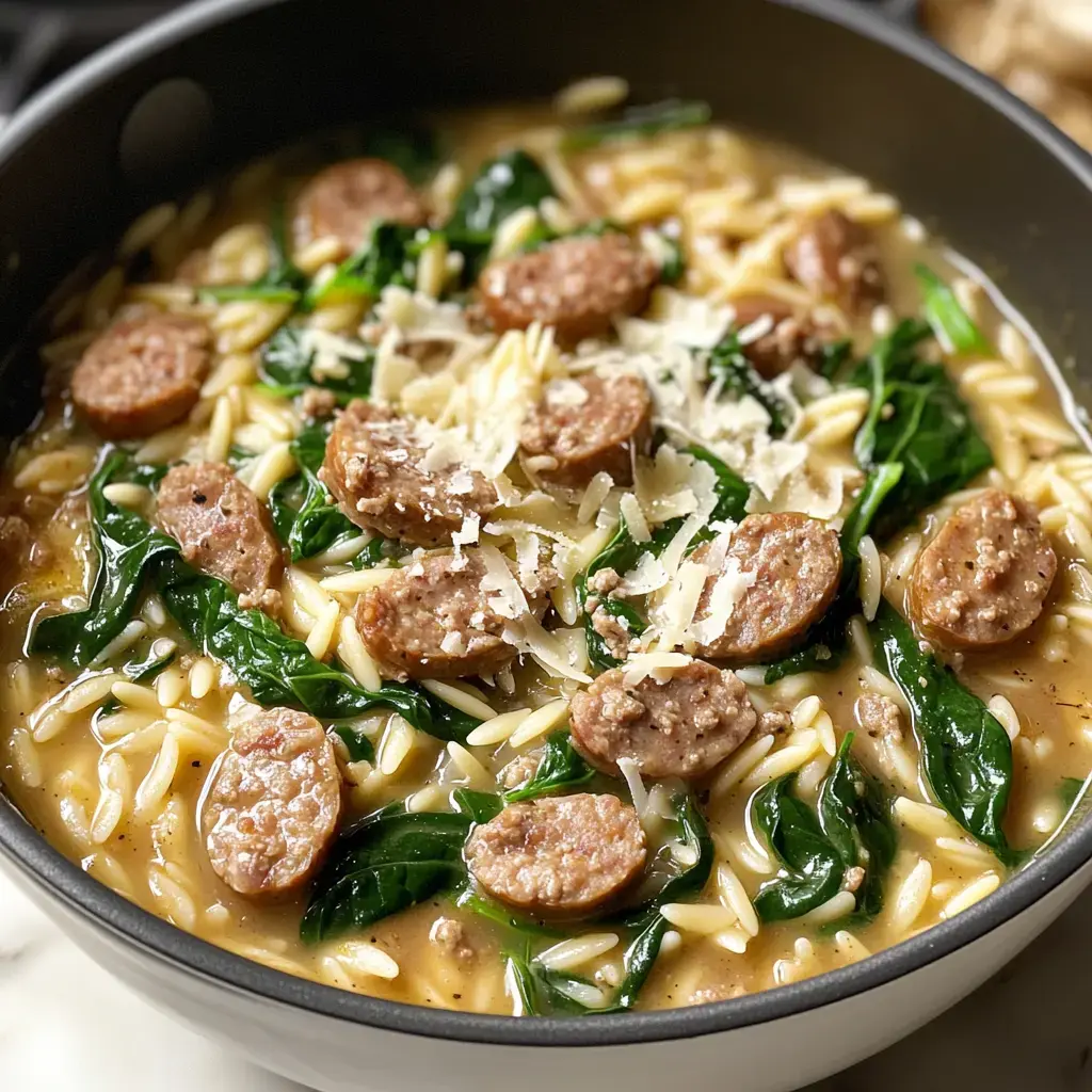 Up-close shot of creamy orzo loaded with sliced sausage, wilted spinach, and a sprinkle of cheese.
