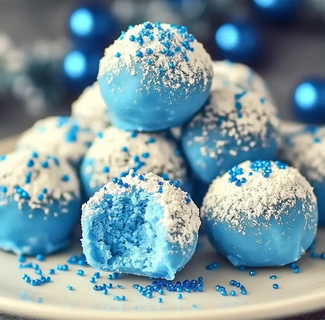 Blue-frosted treats with sprinkles on a plate, one missing a bite and showing a vibrant blue inside.