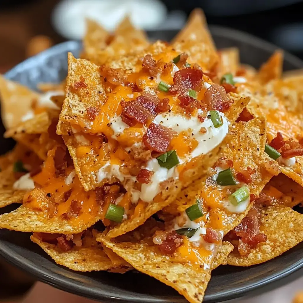 Zoomed-in shot of nachos piled with gooey cheese, bacon, plus green onions on top.