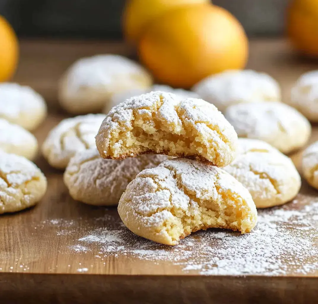 Powdered sugar-coated cookies stacked on wooden surface with someone taking a bite from the top one, oranges fuzzy in background.