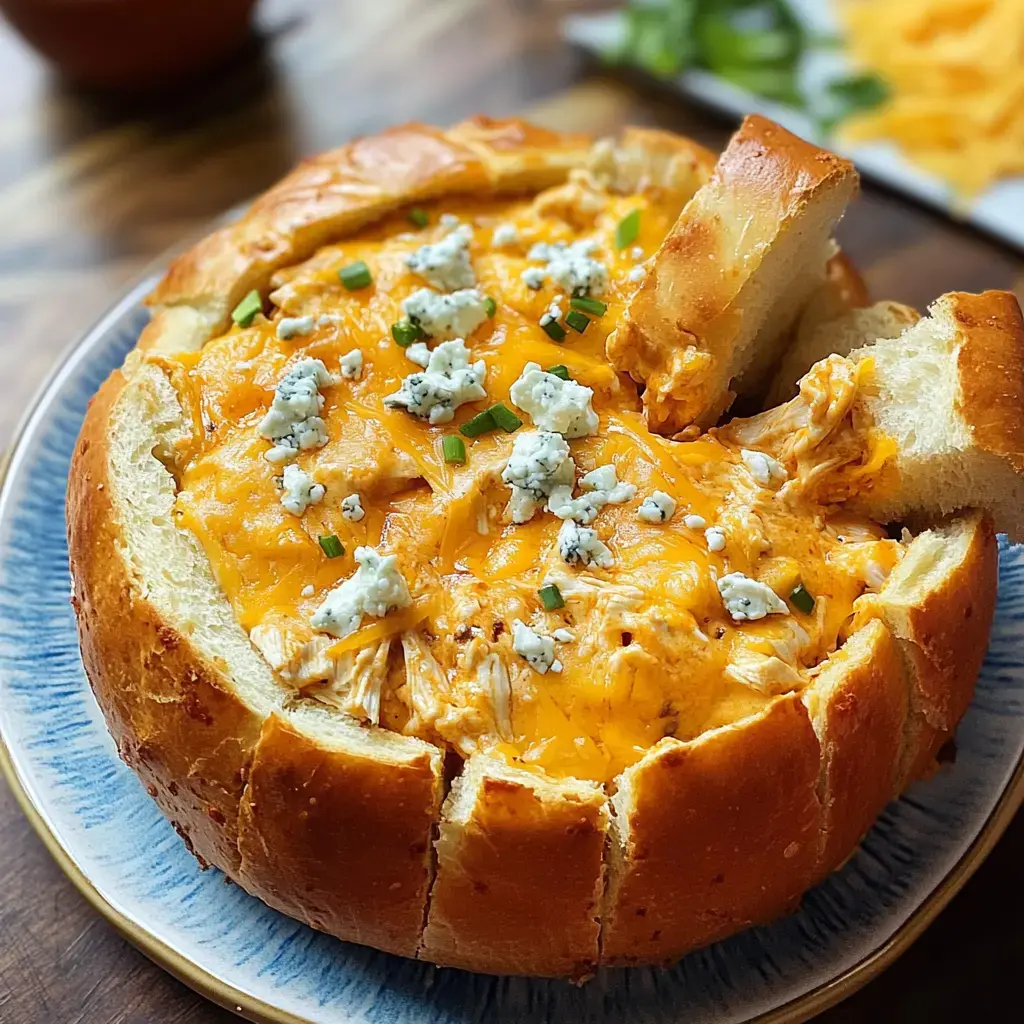 A gooey chicken dip with cheese sits in a bread bowl. Blue cheese bits and green onions are sprinkled on top.