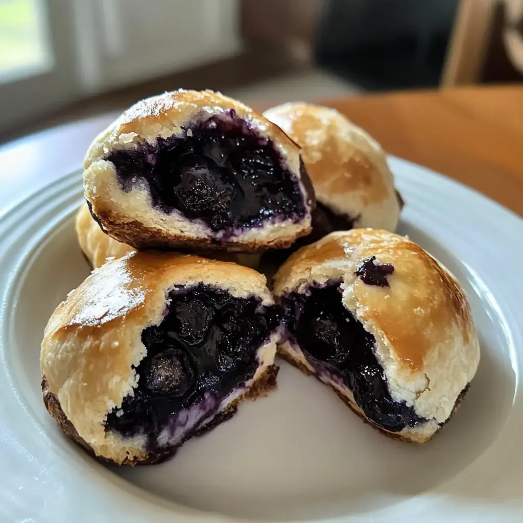 Platter of golden puffed pastries bursting with blueberry filling, one sliced to show the gooey middle.