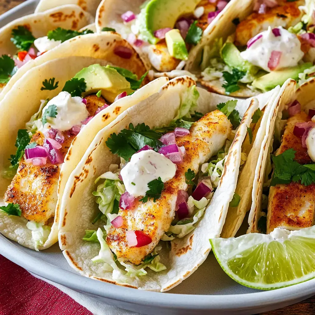 A plate of fish tacos stuffed with grilled fish, shredded lettuce, sliced avocado, chopped red onions, fresh cilantro, and a creamy sauce drizzle, served with lime wedges.
