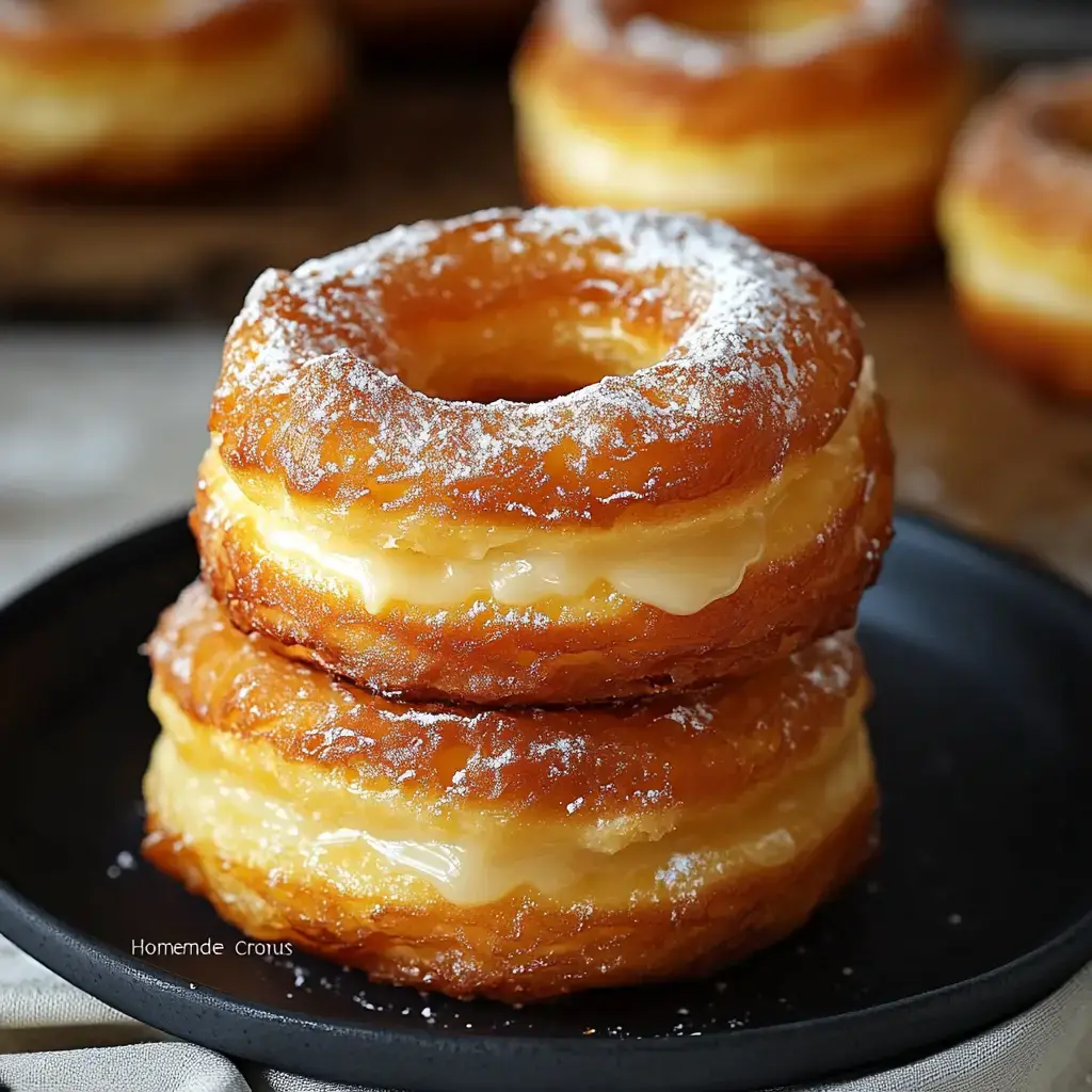 Two cream-stuffed donuts piled on a black plate and topped with powdered sugar.