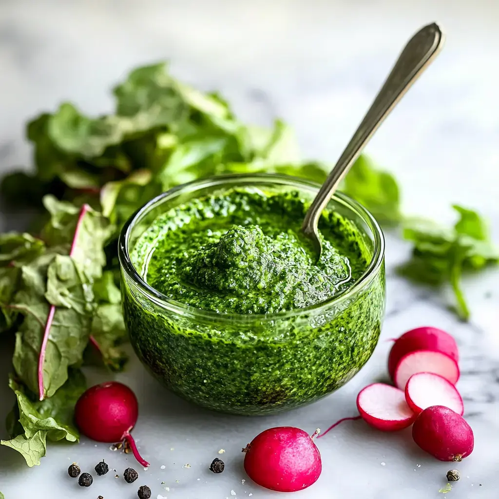 A glass dish of bright green pesto sits among fresh leafy greens and vivid red radish bulbs.