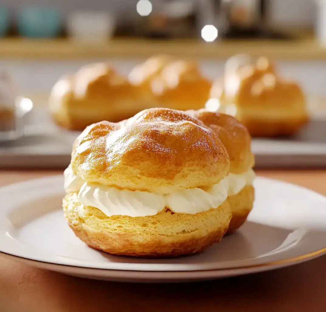 A fluffy cream-filled puff on a plate, with other pastries out of focus in the back.