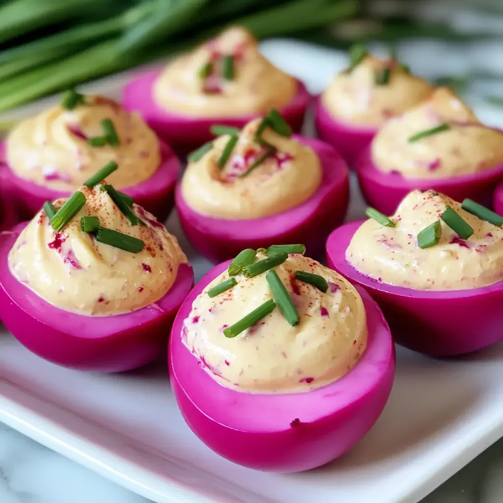 Close-up shot of super pink deviled eggs with creamy topping, green onions, and some spice sitting on a white plate.