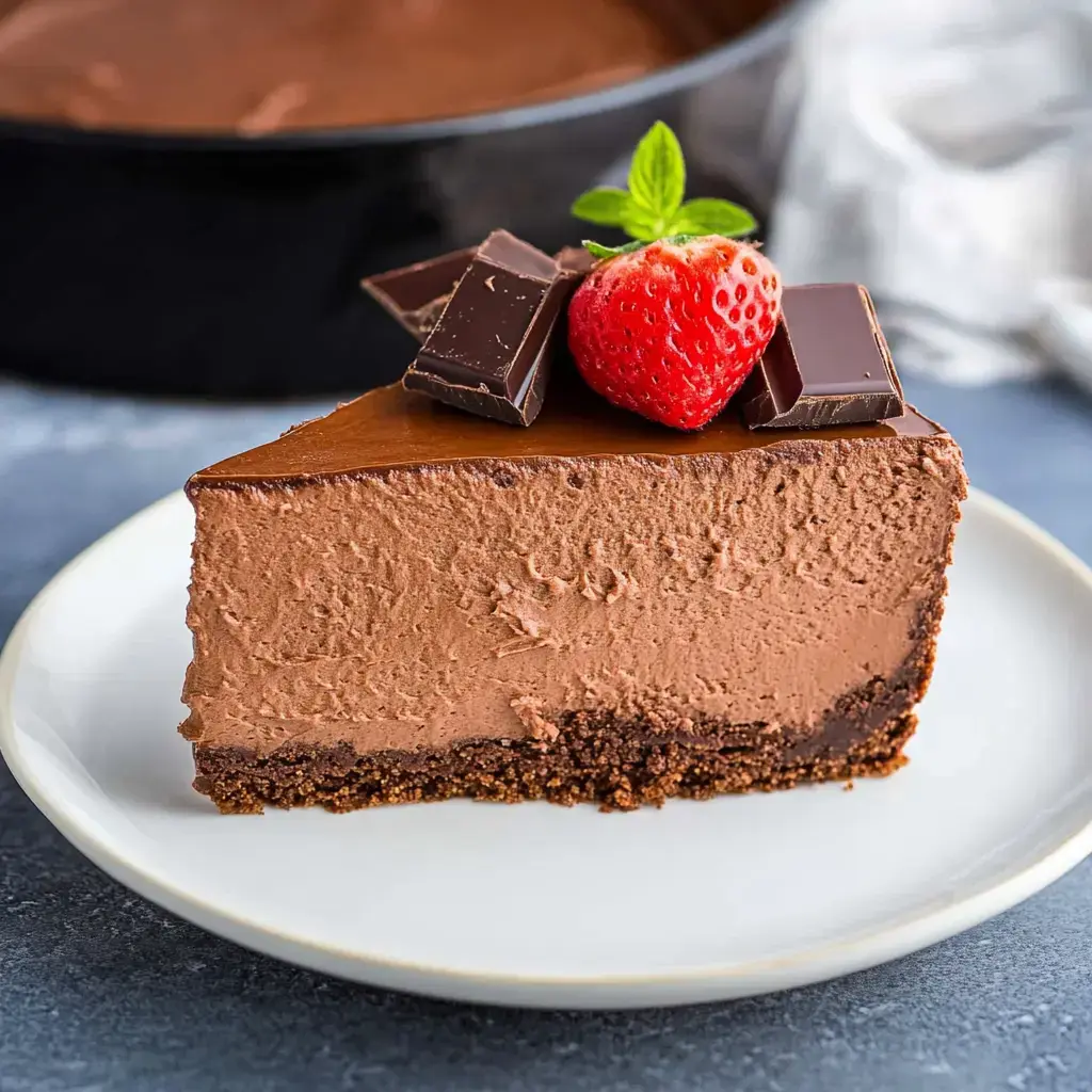A chocolate cheesecake slice garnished with fresh strawberry and chocolate pieces served on a white plate.