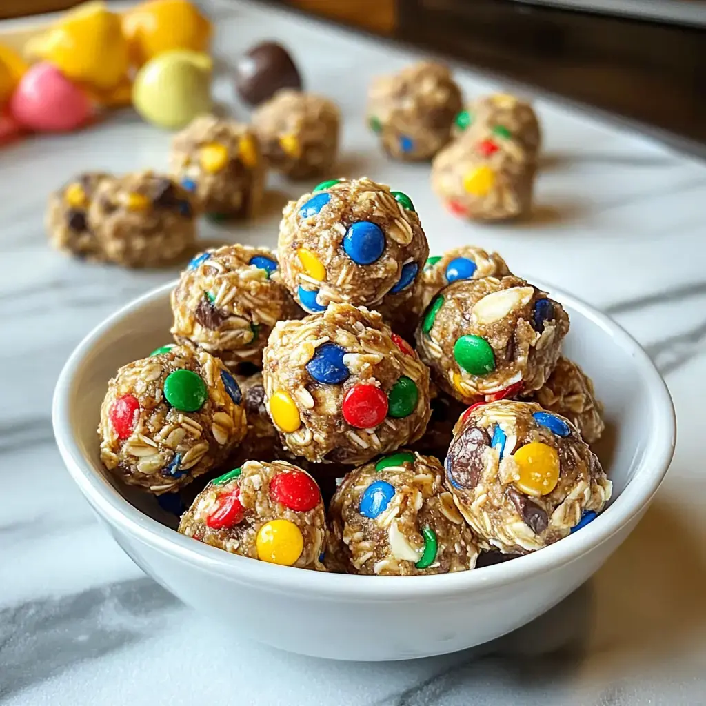A bowl packed with colorful bites made from oats, chocolate, and candy shells.