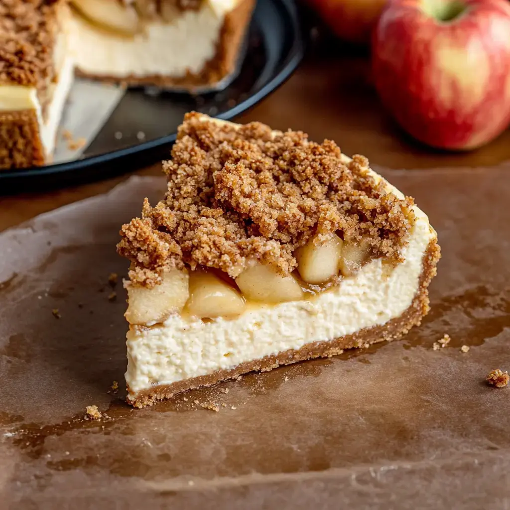 A slice of apple cheesecake with crumbly topping rests on parchment paper, fresh apples visible in the background.