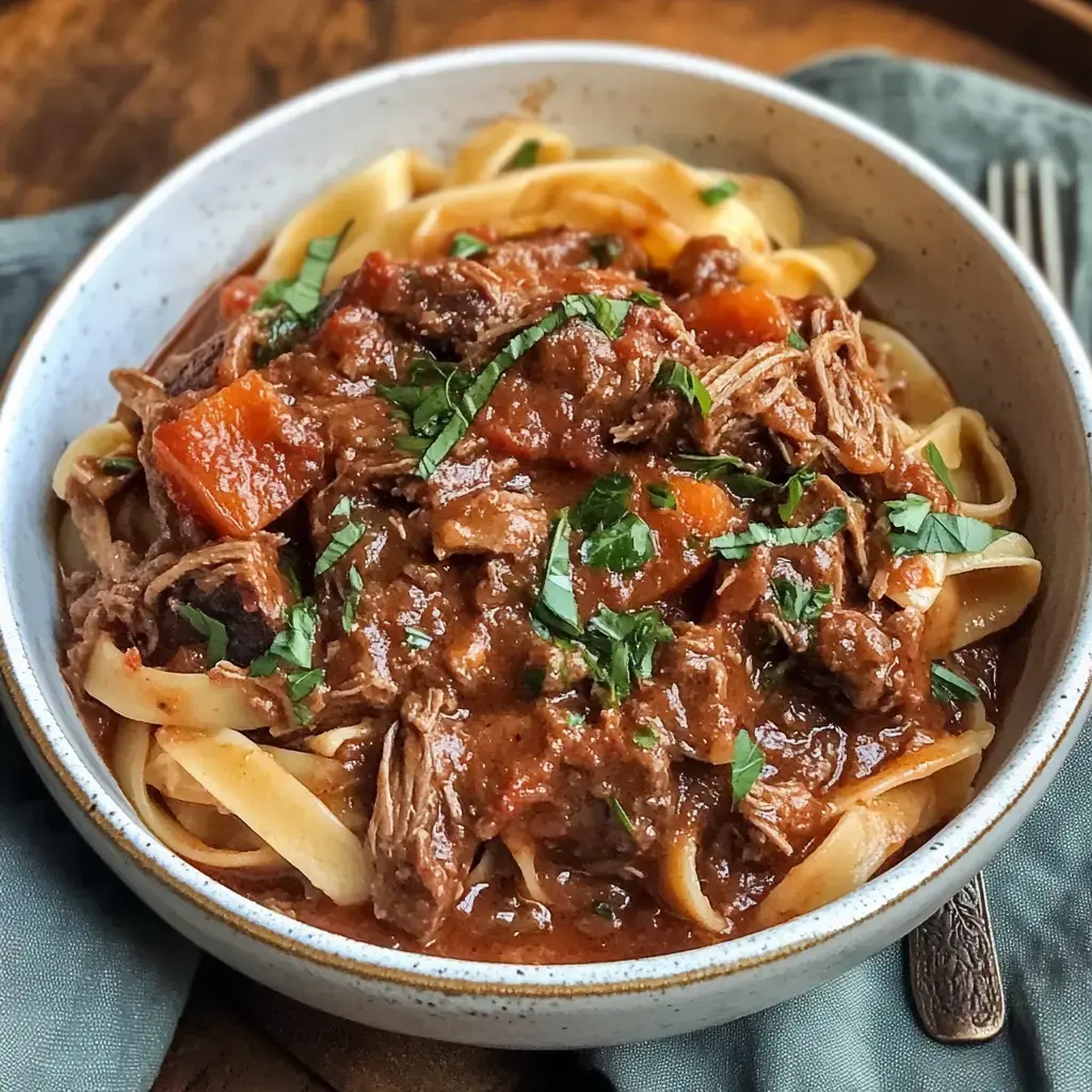 Pasta bowl packed with shredded beef in a dark, rich sauce. Big bites of carrot and a sprinkle of fresh herbs on top.