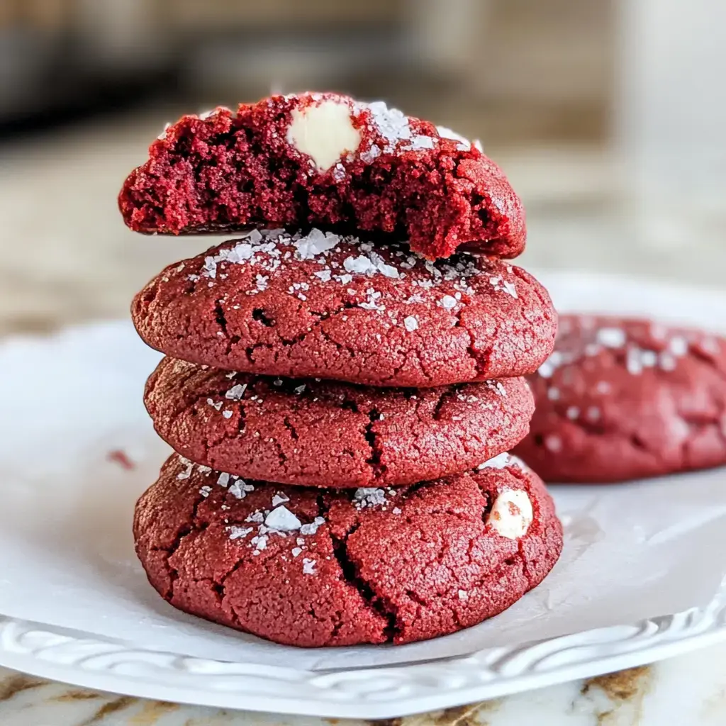 Three red velvet cookies stacked up, sprinkled with sea salt, one split open showing melty white chocolate inside.
