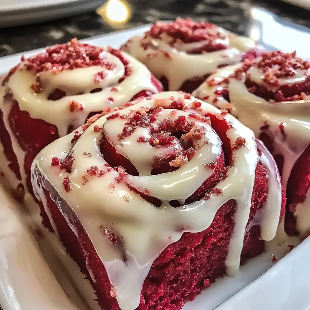 Cream cheese-frosted red velvet cinnamon rolls with crumbled cake on a plate.
