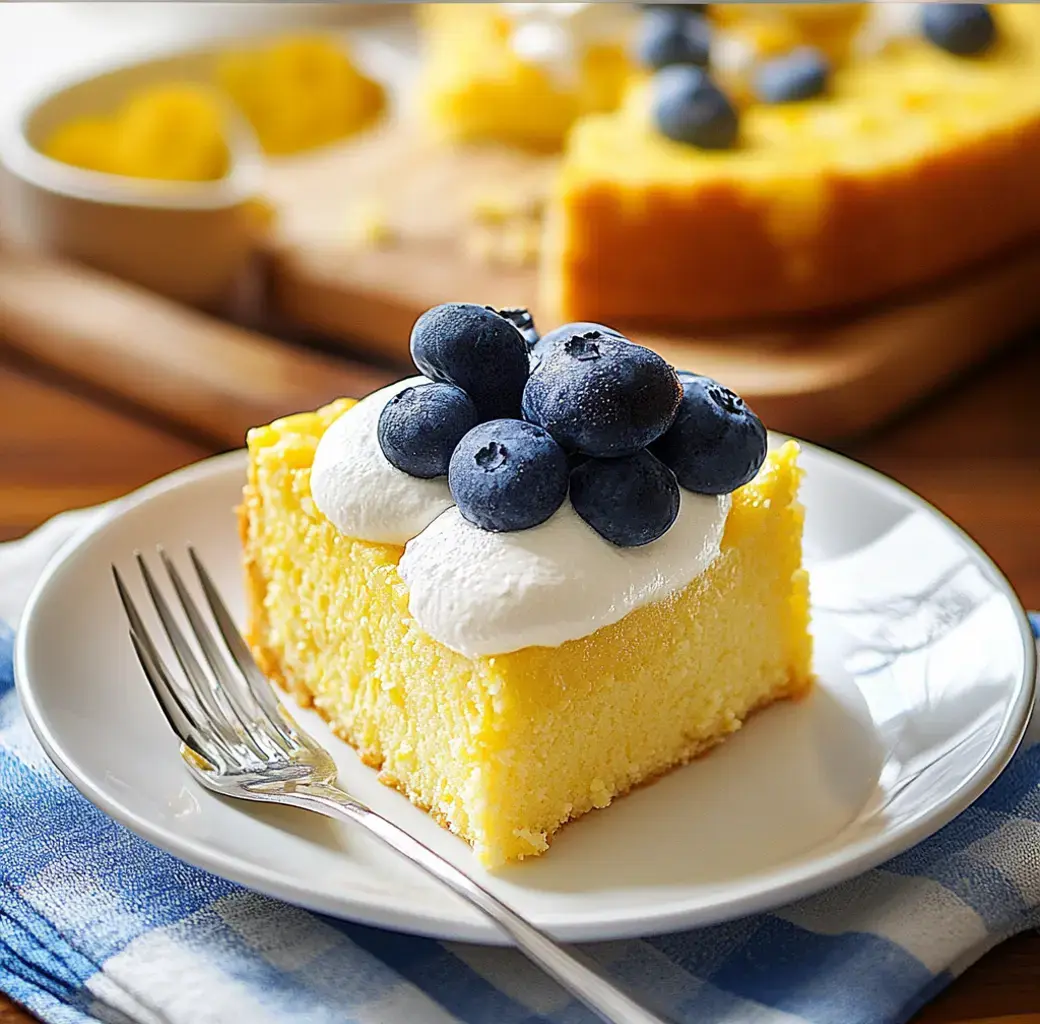 A piece of yellow cake with whipped cream and blueberries on top, set on a white dish over blue and white checked fabric.