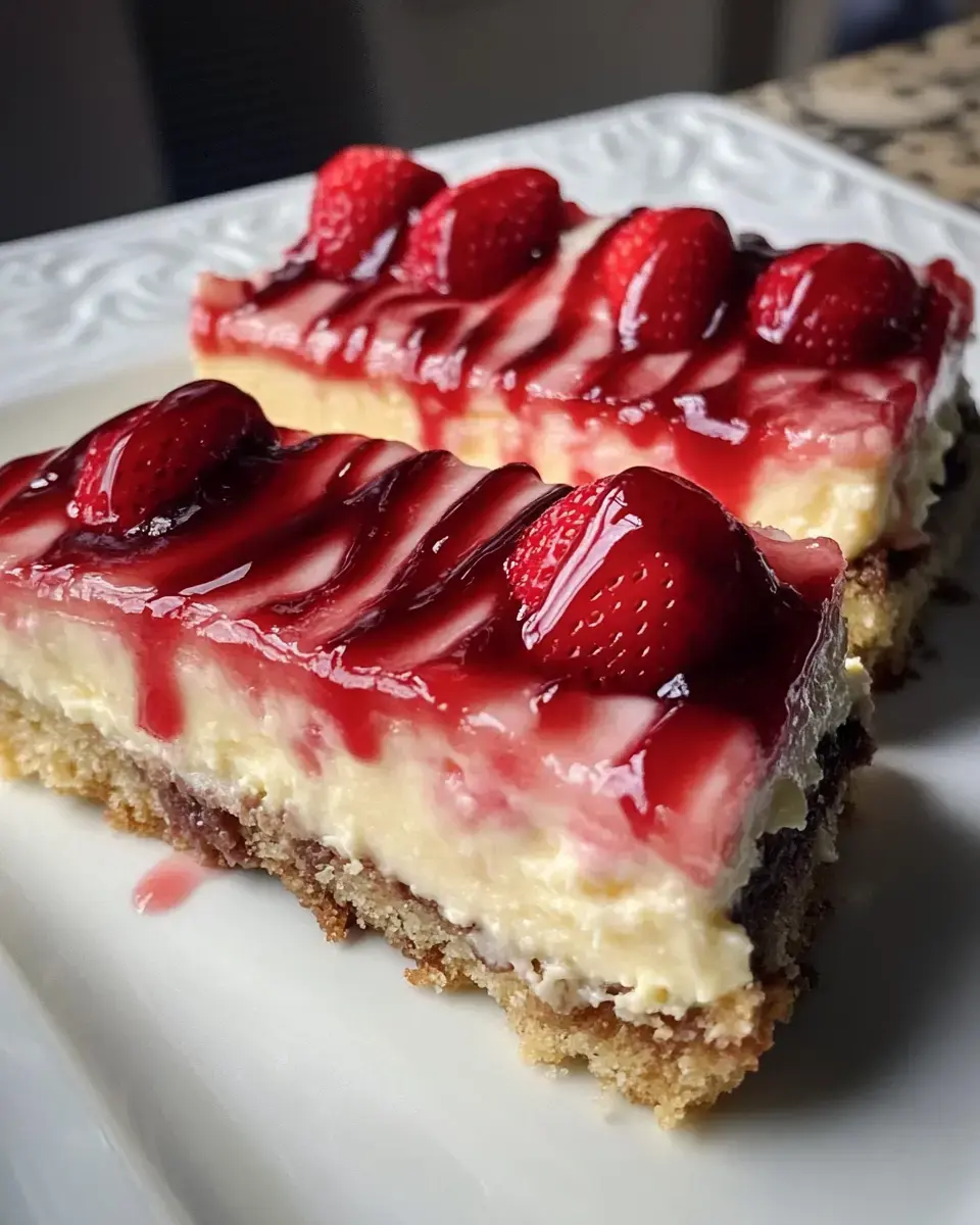 Two slices of cheesecake with glazed strawberries on top sitting on a plate.