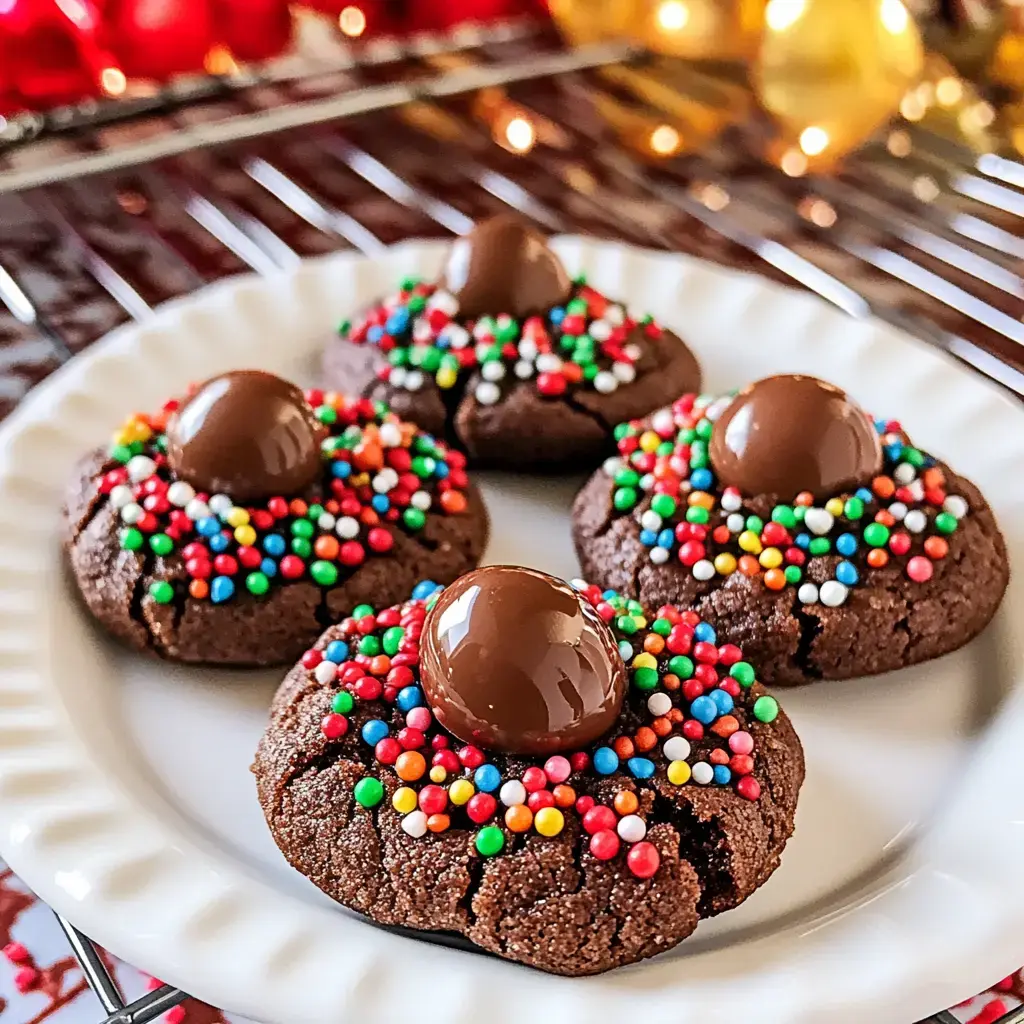 A plate of chocolate cookies with sparkly sprinkles and shiny chocolate candy on top.