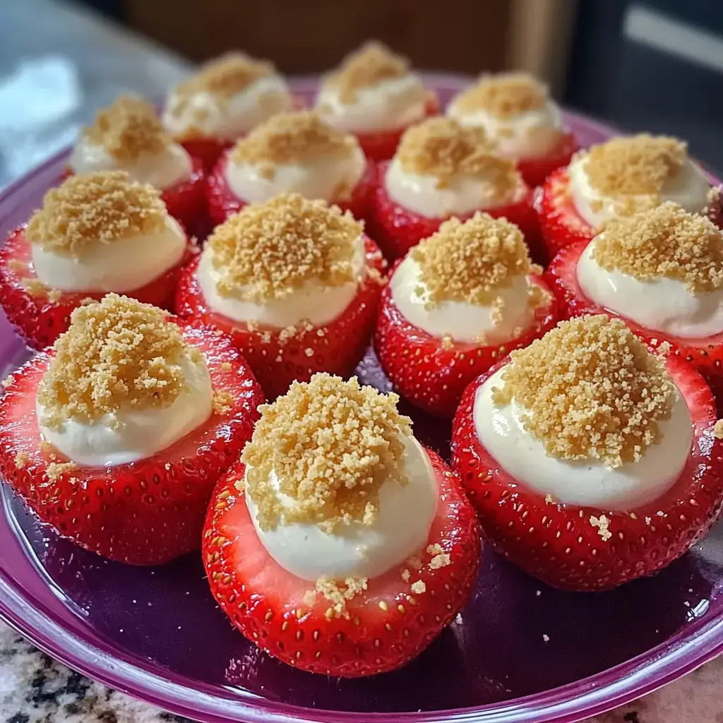 Fresh strawberries sliced in half, loaded with creamy filling and topped with sweet crumble on a plate.