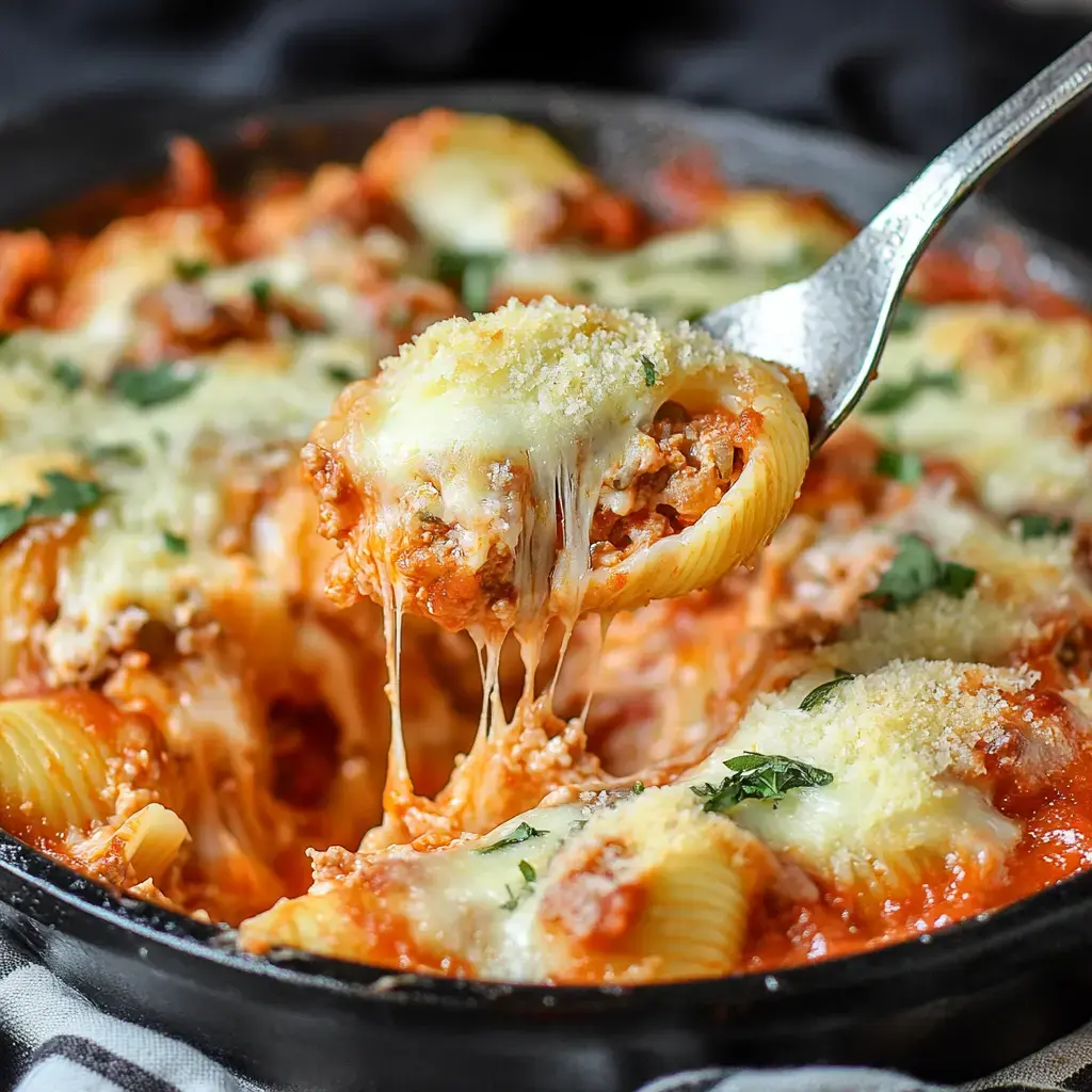 A fork pulls a gooey cheese-filled pasta shell from a pan of bubbling red sauce topped with melted cheese and fresh herbs.