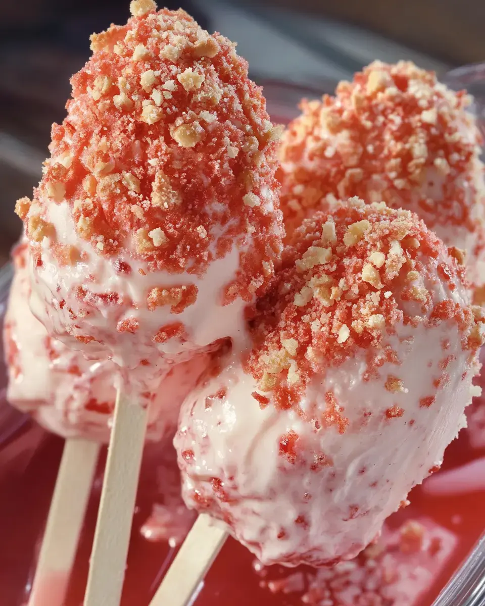 Three frosty pops with colorful crumb coatings sit on wooden sticks in a pool of red syrup.
