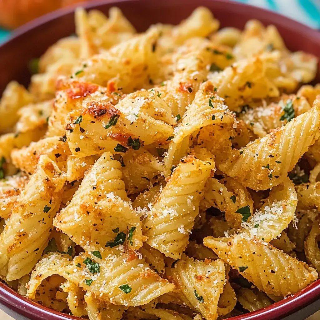 A bowl packed with golden, spiral pasta chips covered in herbs and melty cheese shreds.