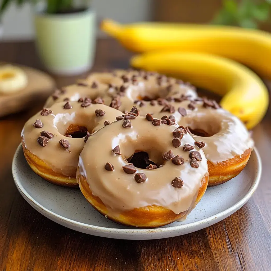 Chocolate-topped donuts scattered with mini chocolate chips, bananas off to the side, and a leafy plant in the scene.