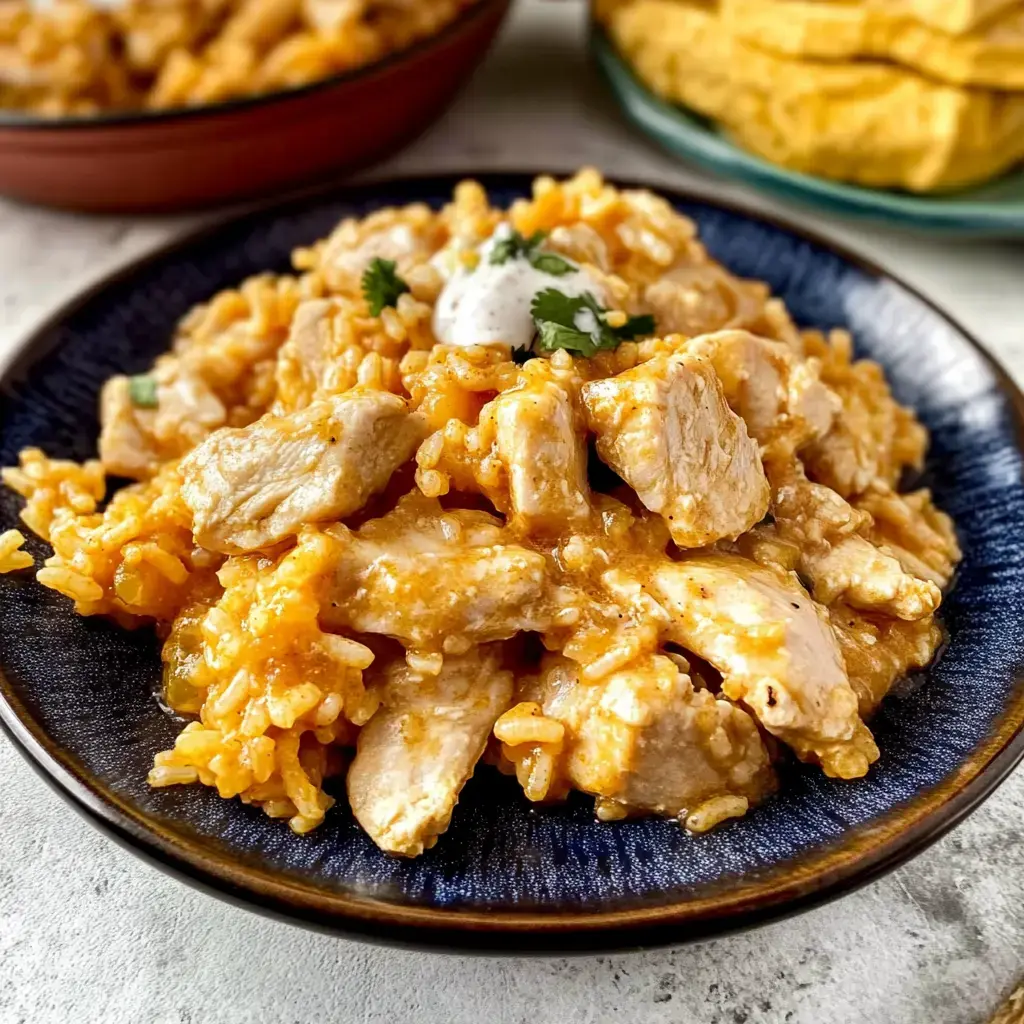 A plate of creamy chicken with rice topped with fresh cilantro and a spoonful of sauce, with more food blurred in the background.