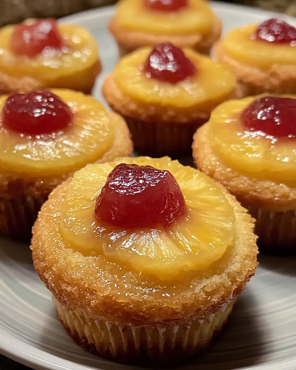 Cupcakes with pineapple slices and cherries stacked up on a plate.