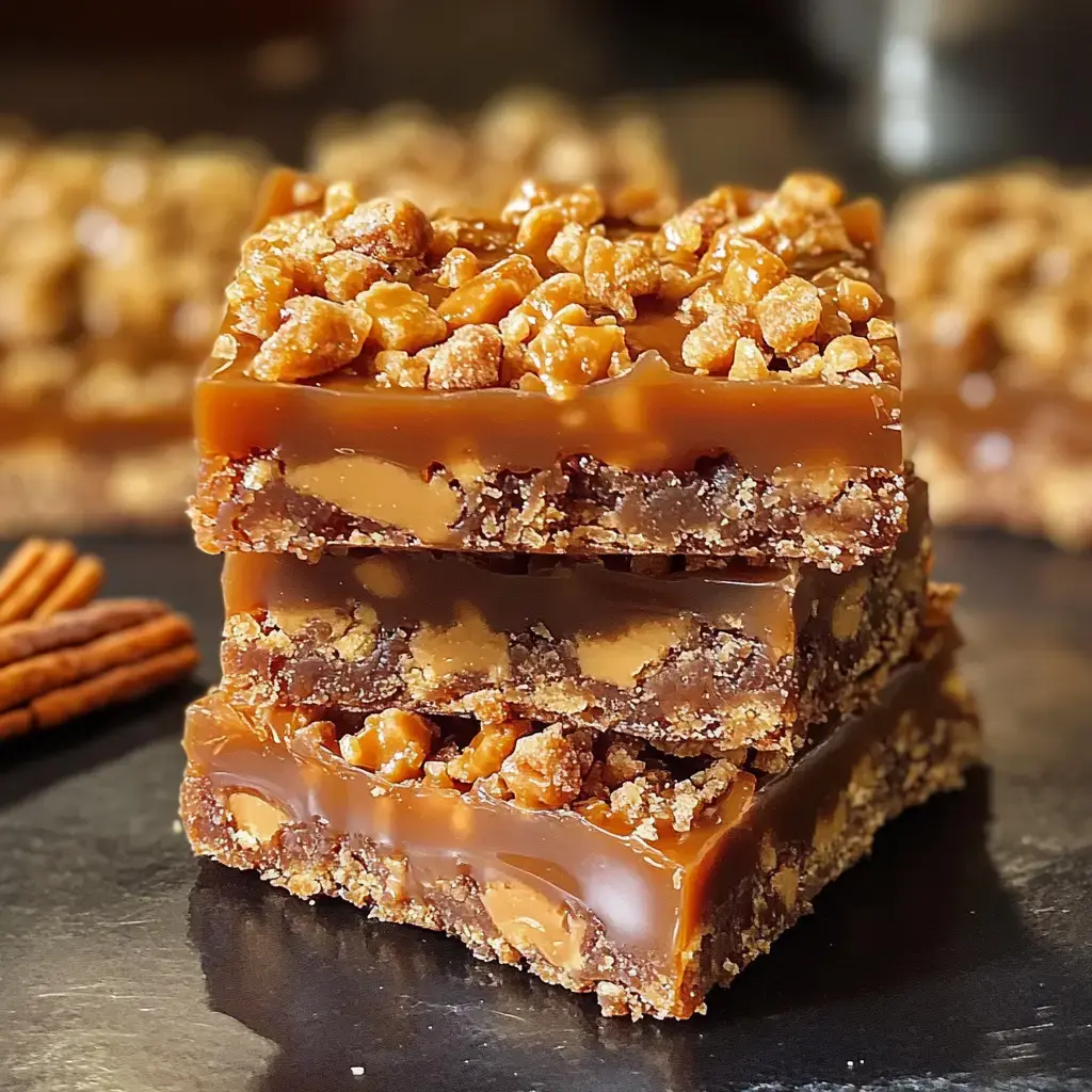Three crunchy bars packed with caramel, chocolate, and pretzel crumbles stacked up, with more bars blurred in the background.