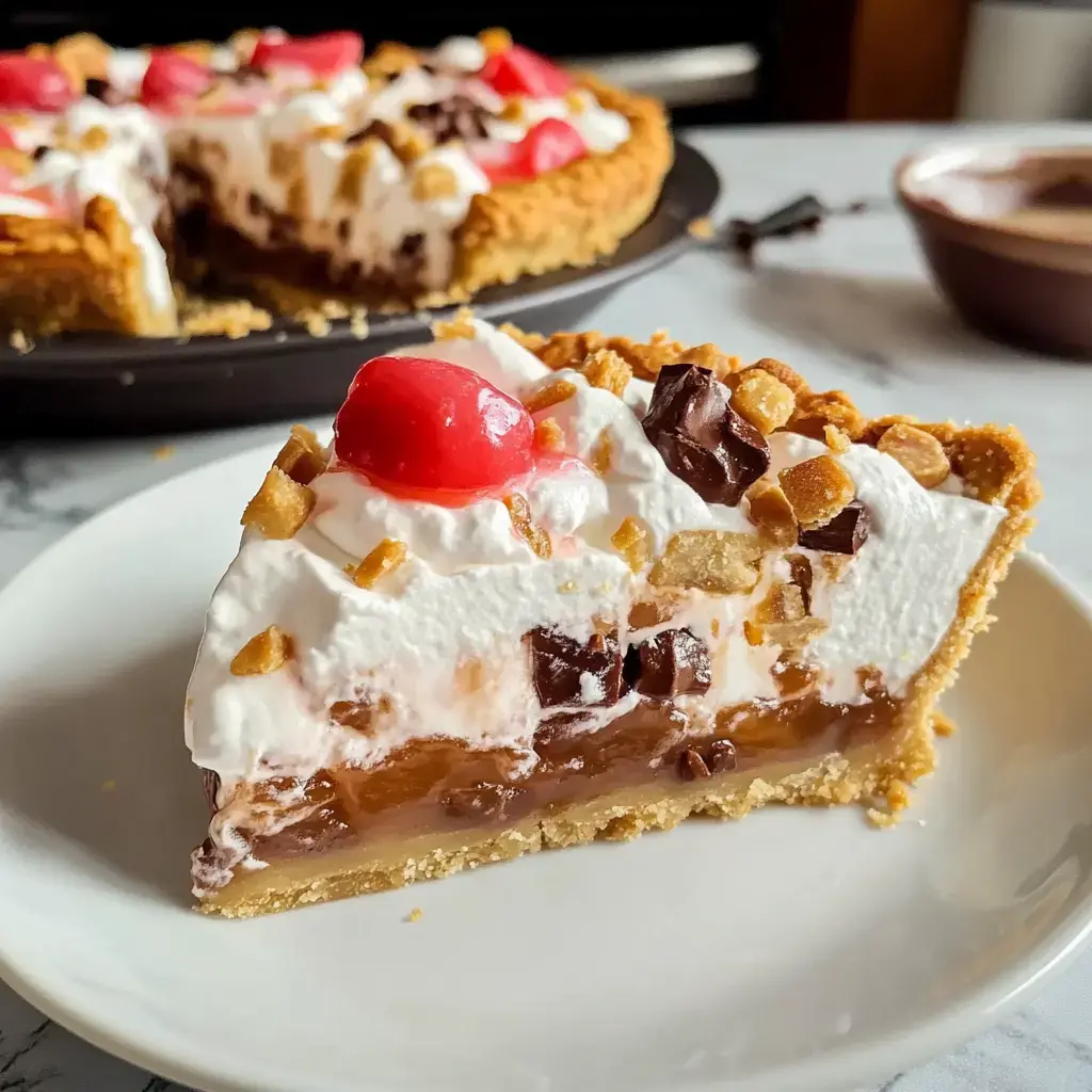 Slice of creamy layered pie on a graham crust, filled with chocolate, topped with whipped cream, cherries, and chocolate bits.