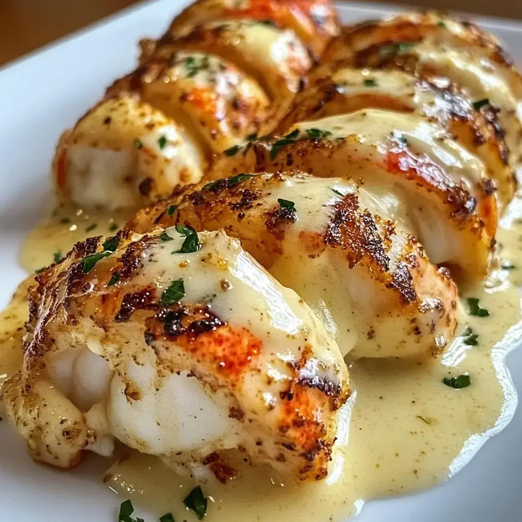 Grilled lobster tails covered in creamy sauce, topped with parsley on a plate.