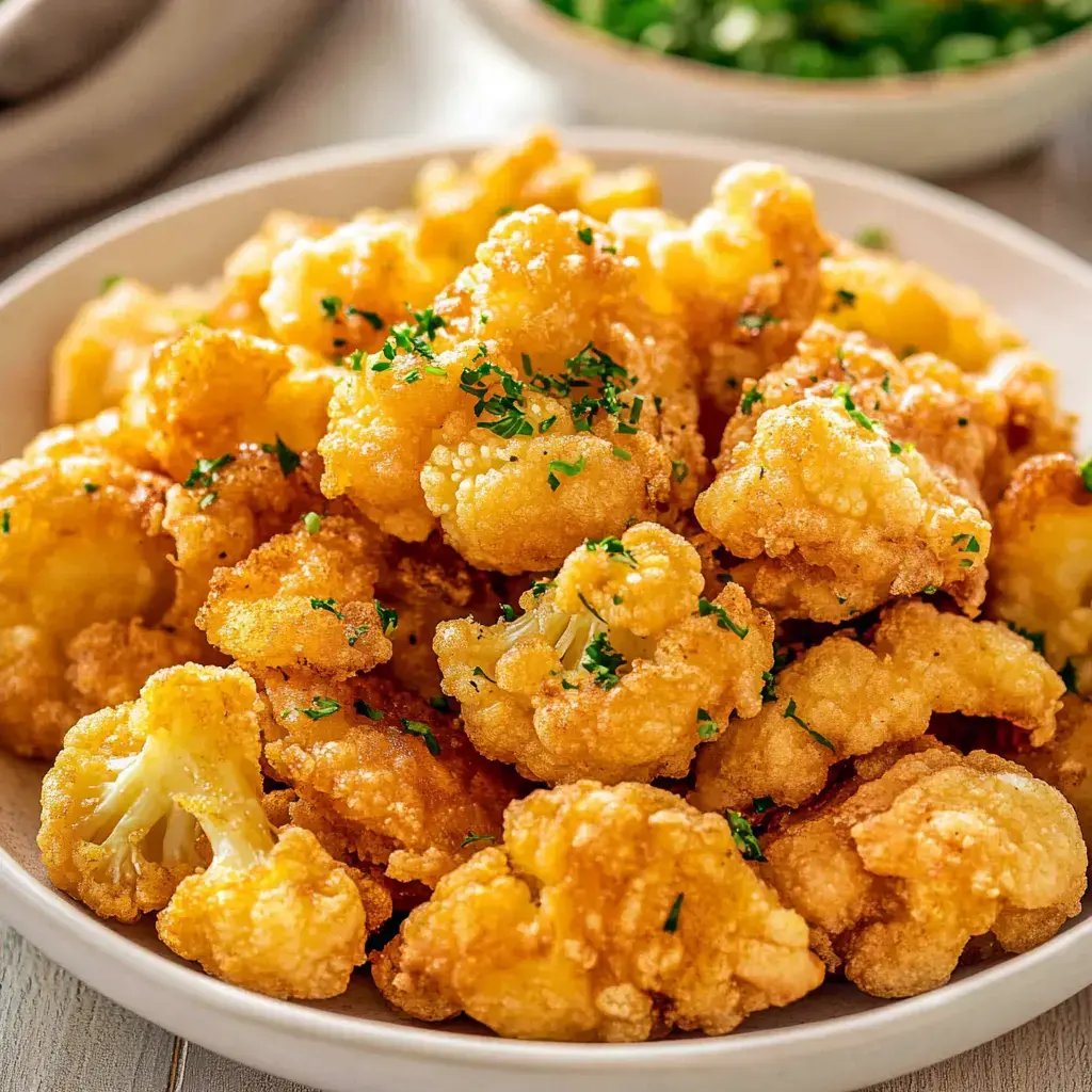 A plate loaded with golden, crunchy fried cauliflower topped with fresh chopped parsley.